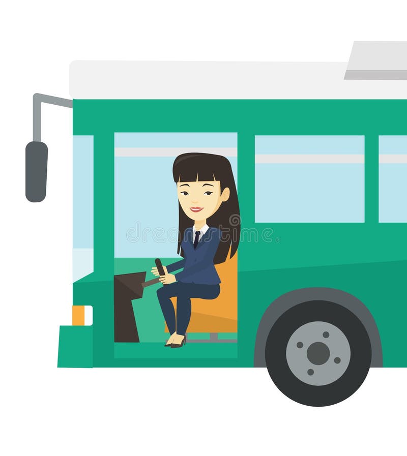 Asian female bus driver sitting at steering wheel. Young driver driving passenger bus. Female bus driver sitting in drivers seat in cab. Vector flat design illustration isolated on white background. Asian female bus driver sitting at steering wheel. Young driver driving passenger bus. Female bus driver sitting in drivers seat in cab. Vector flat design illustration isolated on white background.