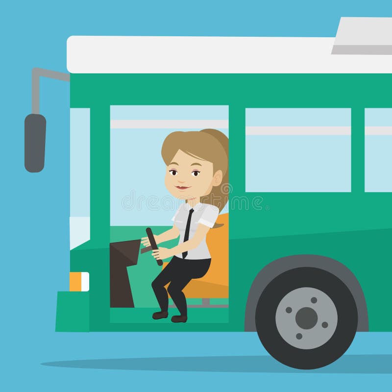 Caucasian female bus driver sitting at steering wheel. Young female driver driving passenger bus. Female bus driver sitting in drivers seat in cab. Vector flat design illustration. Square layout. Caucasian female bus driver sitting at steering wheel. Young female driver driving passenger bus. Female bus driver sitting in drivers seat in cab. Vector flat design illustration. Square layout.
