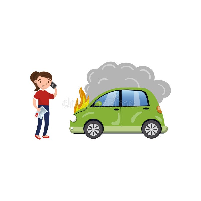 Female driver calling for help after car accident, burning car, car insurance cartoon vector Illustration on a white background. Female driver calling for help after car accident, burning car, car insurance cartoon vector Illustration on a white background