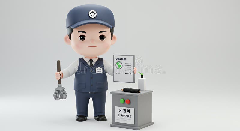 Conduttore 3D di Chibi coreana : Carattere vignettista sorridente in una maschera e una lista di controllo in uniforme blu isolata illustrazione di stock