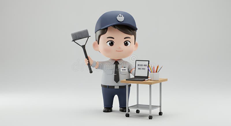 Conduttore 3D di custodia coreano Chibi : Carattere di pulizia allegro con alimentatori isolati sullo sfondo bianco royalty illustrazione gratis