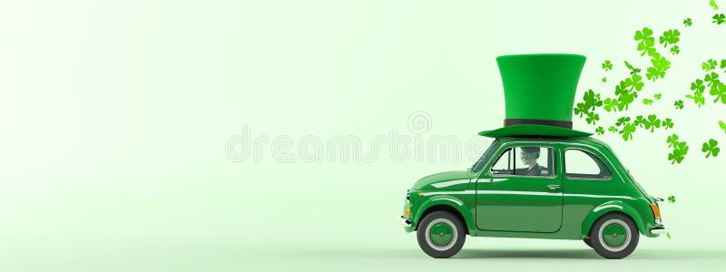3d rendering. st. patricks day car driving with flying shamrocks. 3d rendering. st. patricks day car driving with flying shamrocks.