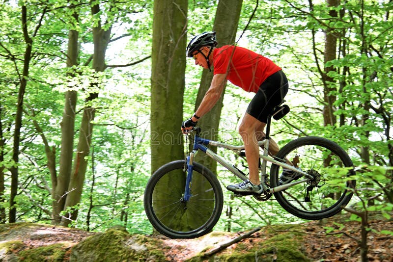 Condução de idosos na floresta com bicicleta de montanha fotos de stock royalty free
