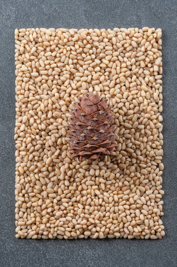 Cone on the background of peeled pine nuts royalty free stock images