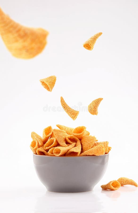 Puffed Ball Cheese Corn Chips in Gray Bowl on White Background Stock Image Image of food