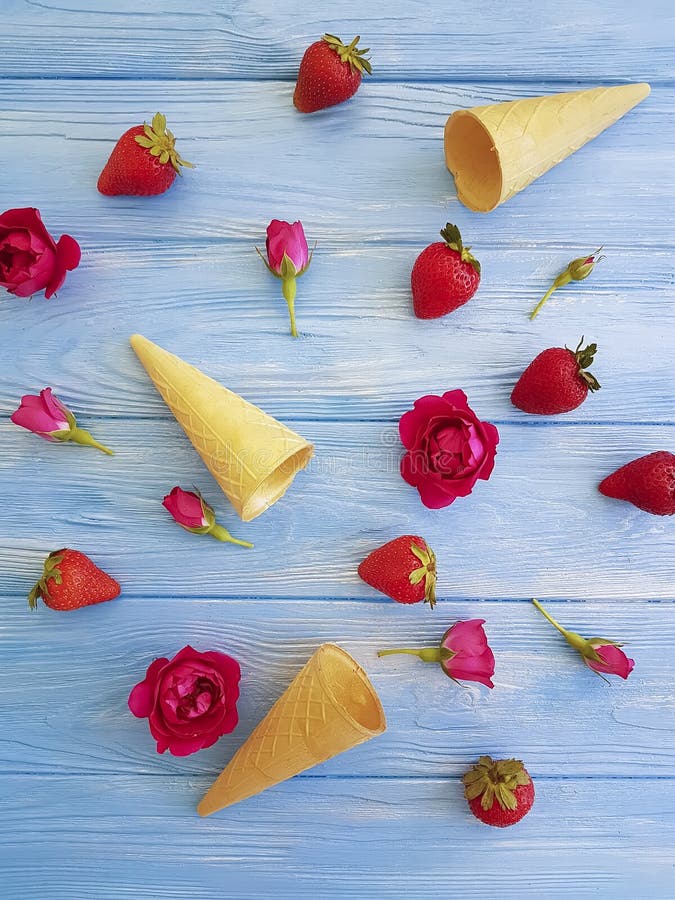 Cone for Ice Cream, Strawberry, Fresh Creative Rose Flower Pattern on a