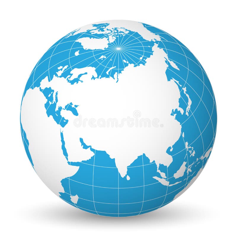 Conecte a tierra el globo con el mapa del mundo blanco y los mares y los océanos azules centrados en Asia Con meridianos y parale libre illustration Conecte a tierra el globo con el mapa del mundo blanco y los mares y los océanos azules centrados en Asia Con meridianos y parale libre illustration