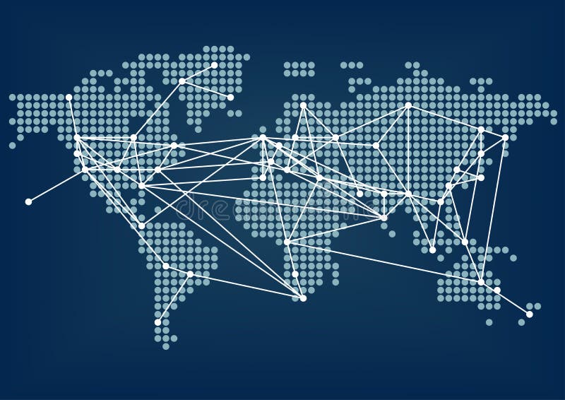 Conectividad de red global representada por el mapa del mundo azul marino con las líneas conectadas