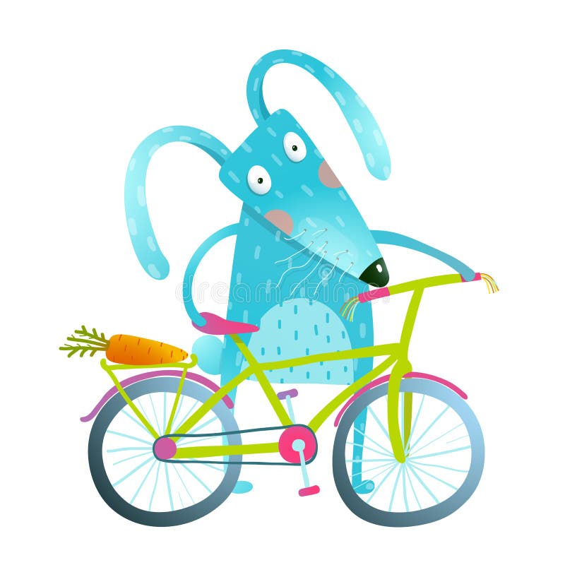 Conejito azul de la historieta con la bicicleta stock de ilustración Conejito azul de la historieta con la bicicleta stock de ilustración