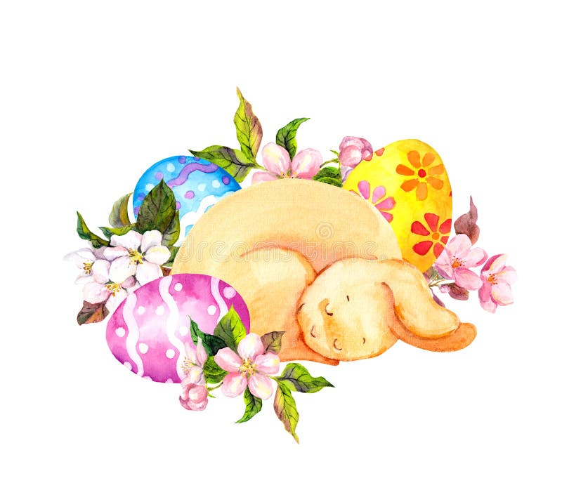 Conejito de pascua lindo, durmiendo en huevos coloreados, flores watercolor libre illustration Conejito de pascua lindo, durmiendo en huevos coloreados, flores watercolor libre illustration