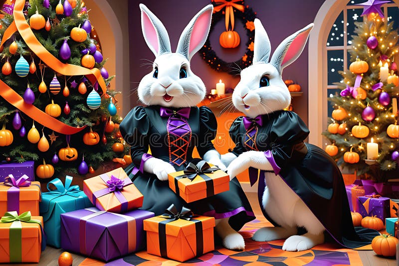 Conejito de Pascua vestido con un mosaico de diferentes trajes festivos : medio personificación de la inocencia juguetona de varia ilustración del vector