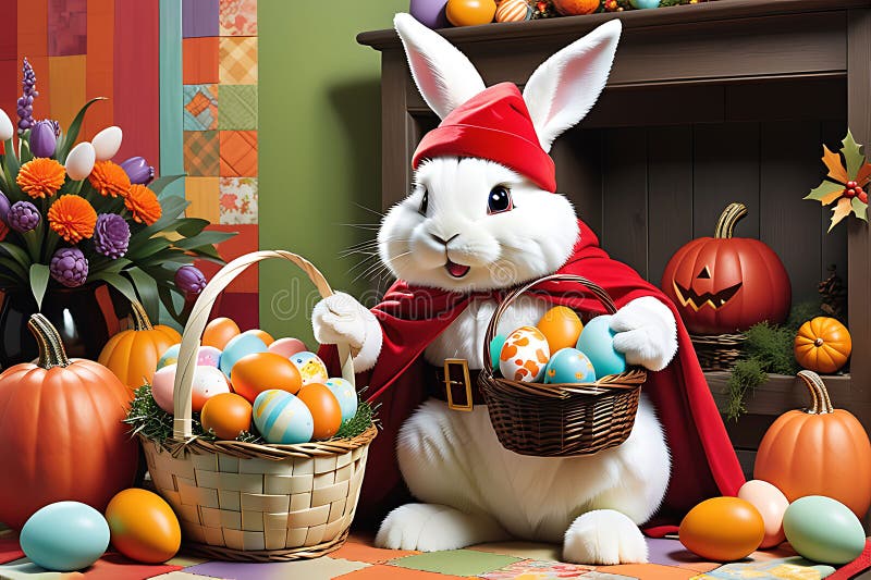 Conejito de Pascua vestido con un mosaico de diferentes trajes festivos : medio personificación de la inocencia juguetona de varia stock de ilustración