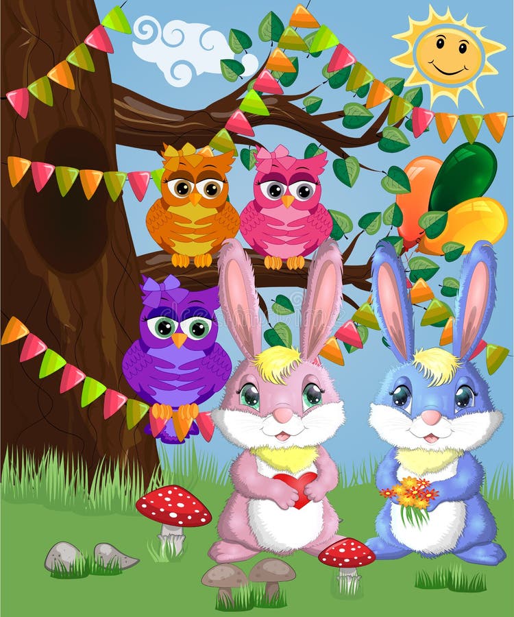 Conejito lindo dos en un claro del bosque Muchacho y muchacha, primavera del concepto, amor ilustración del vector Conejito lindo dos en un claro del bosque Muchacho y muchacha, primavera del concepto, amor ilustración del vector
