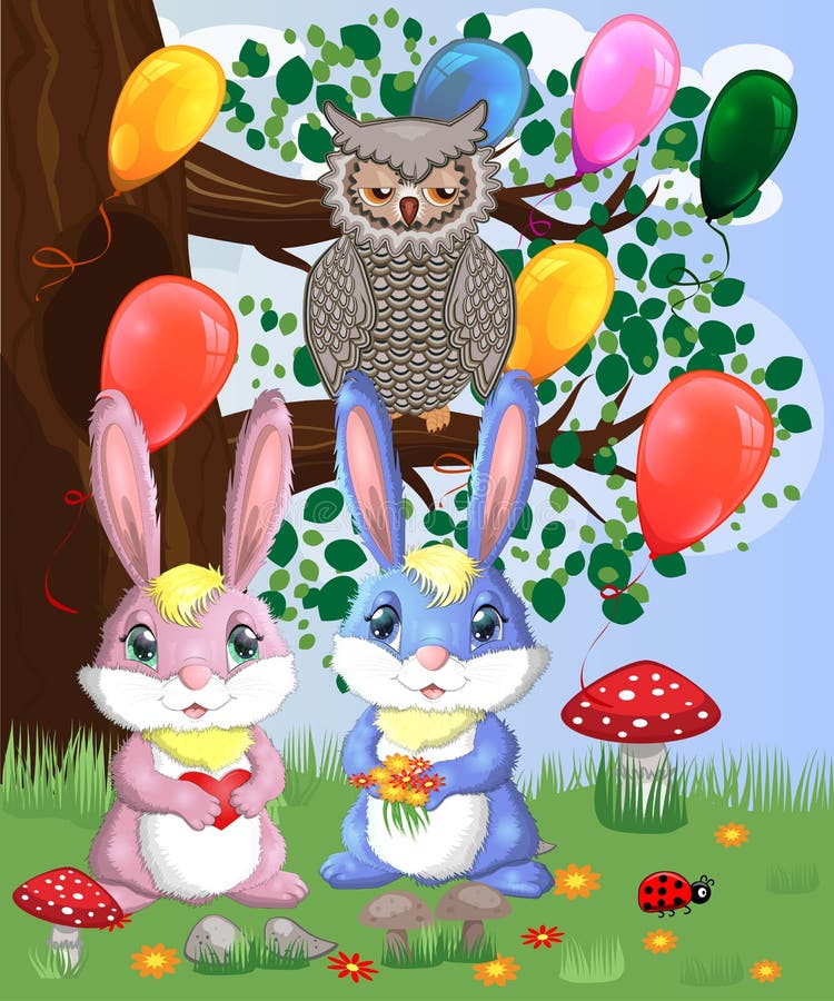 Conejito lindo dos en un claro del bosque Muchacho y muchacha, primavera del concepto, amor ilustración del vector Conejito lindo dos en un claro del bosque Muchacho y muchacha, primavera del concepto, amor ilustración del vector