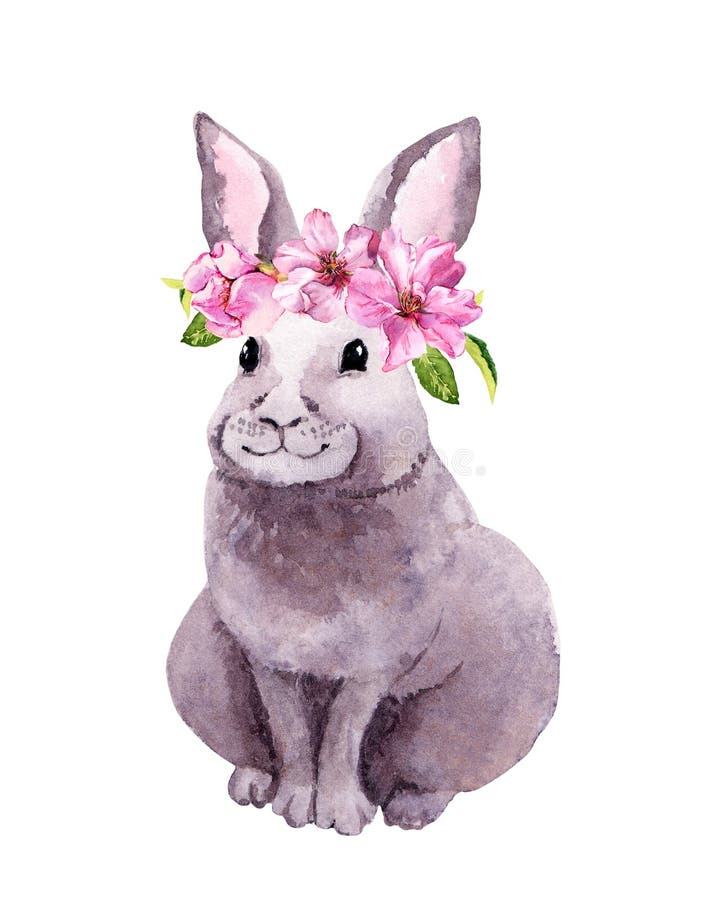 Conejo adorable en guirnalda floral con las flores rosadas de la primavera Conejito de pascua de la acuarela