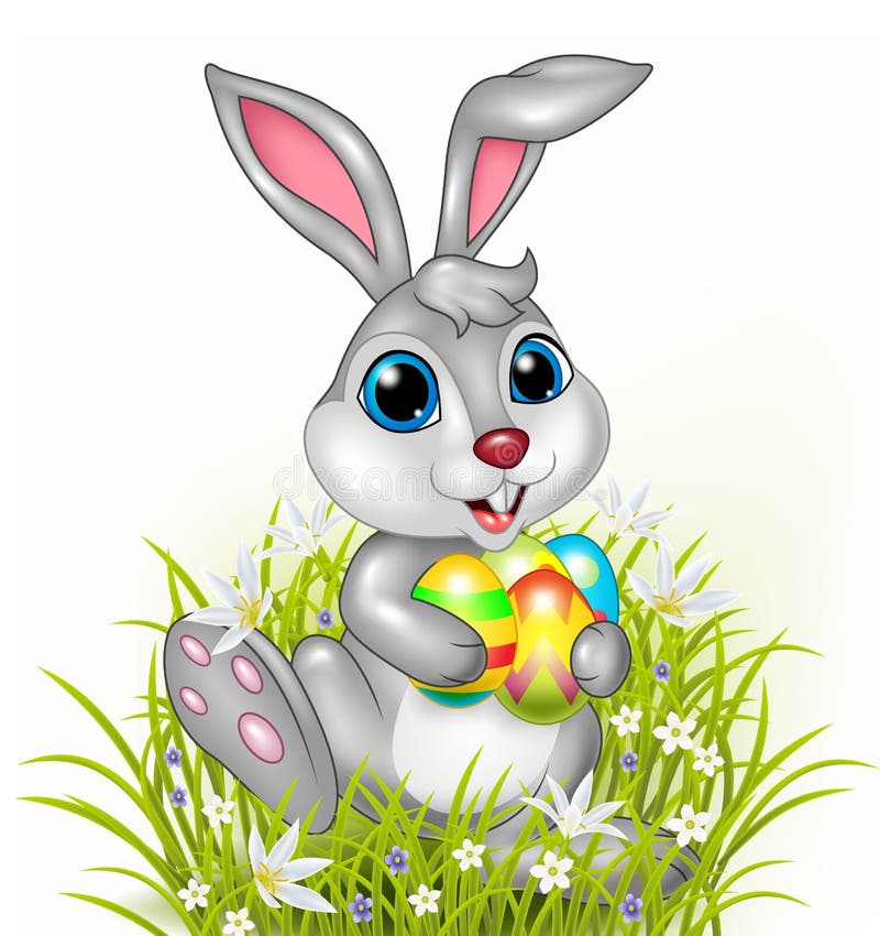 Conejo de la historieta que sostiene los huevos de Pascua coloridos ilustración del vector
