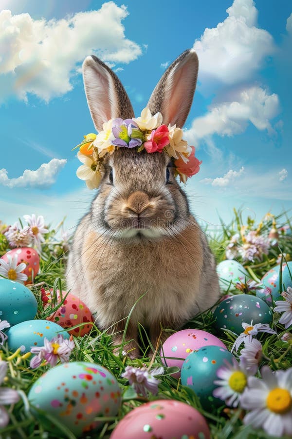 Conejo de Pascua con corona de flores en medio de huevos y flores coloridas. Un bonito conejito adornado con una corona floral se encuentra entre los vibrantes huevos de Pascua y las flores florecientes. la escena cuenta con un cielo despejado con nubes suaves y onduladas que exudan un ambiente alegre y festivo de Pascua. generado por IA