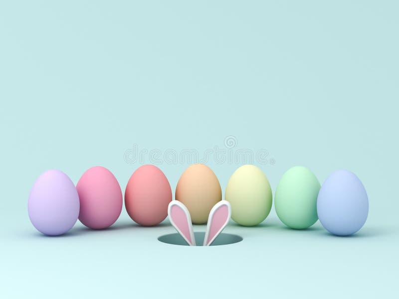 Conejo o conejito escondido en el hoyo rodeado de coloridos huevos de Pascua sobre fondo verde claro color pastel con sombras y stock de ilustración