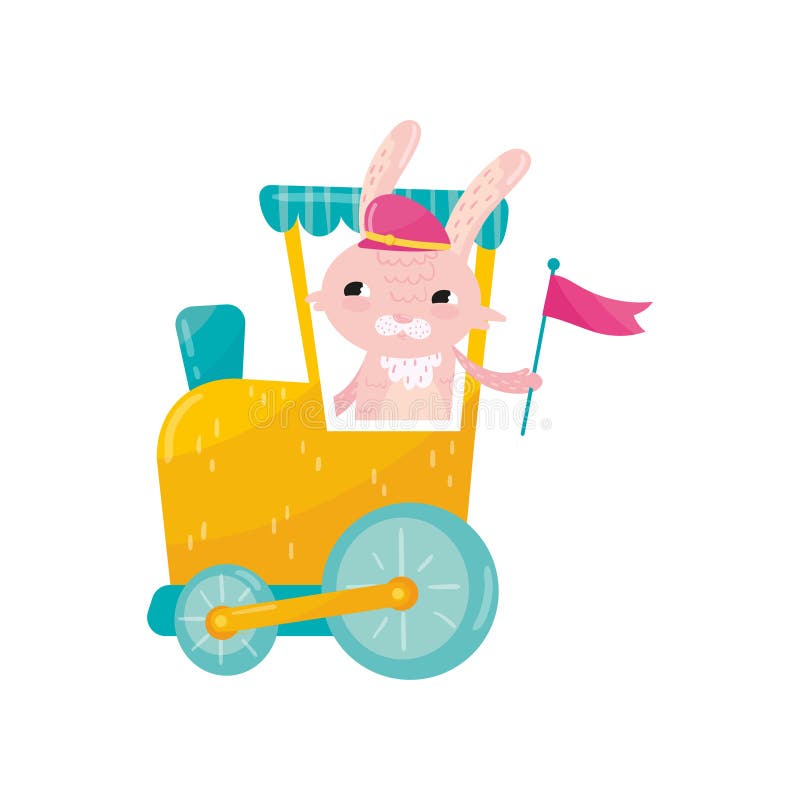 Conejo rosado divertido en el casquillo enarbolado que sostiene la bandera en pata Carácter animal de la historieta que viaja en libre illustration Conejo rosado divertido en el casquillo enarbolado que sostiene la bandera en pata Carácter animal de la historieta que viaja en libre illustration