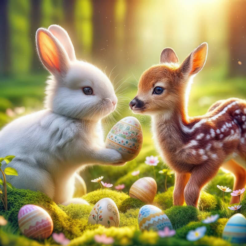 Conejo y Amanecer en Sunny Forest con Huevos de Pascua ilustración del vector