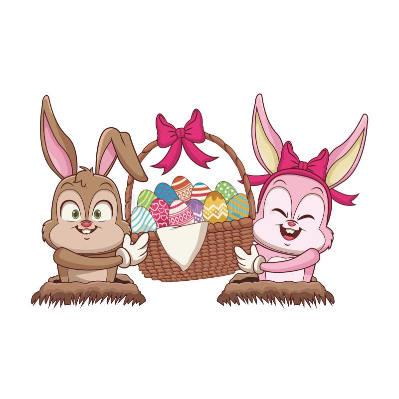 Conejos con los huevos de Pascua en cesta ilustración del vector Conejos con los huevos de Pascua en cesta ilustración del vector