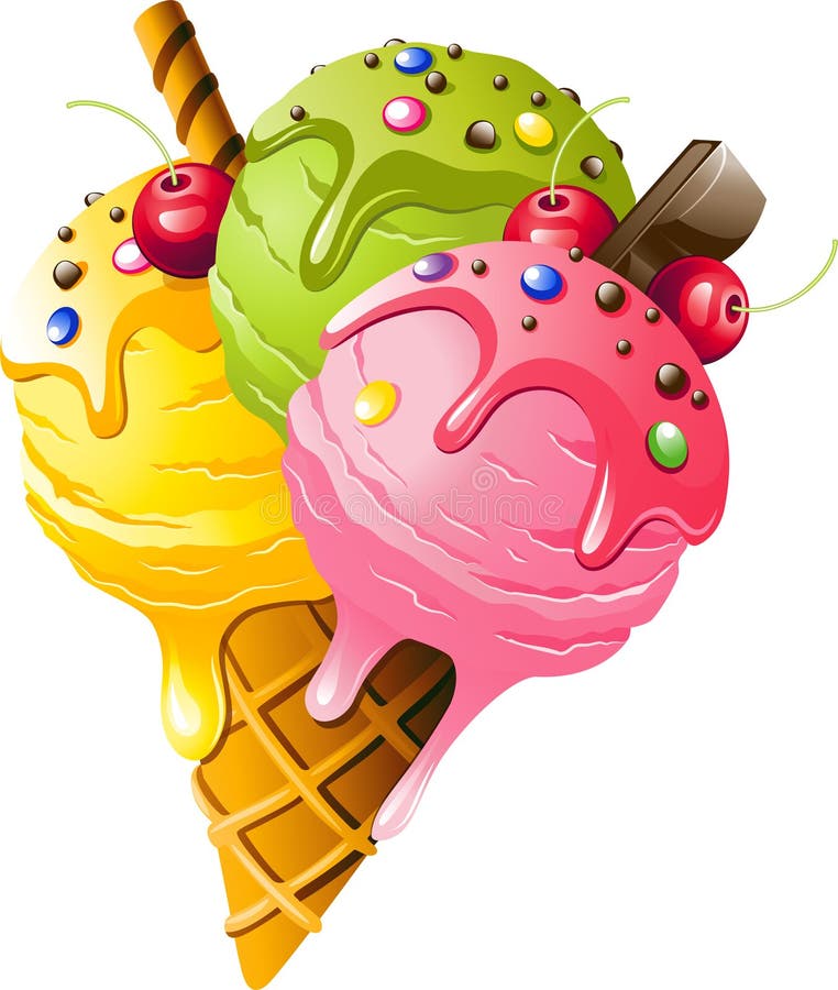 Cones de gelado da morango, do chocolate, da baunilha e do pistachio sobre o fundo branco Cones de gelado da morango, do chocolate, da baunilha e do pistachio sobre o fundo branco