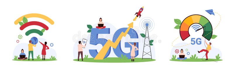 Conexiune de mare viteză Wi-Fi set de semnal oameni mici încarcă date și naviga pe internet vector illustration