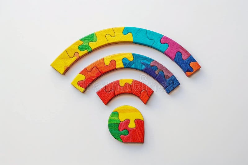 Conexiune generativă a simbolului Wifi cu sigla Wifi, făcută din puzzle-uri colorate cu hârtie, izolate pe fond alb stock illustration
