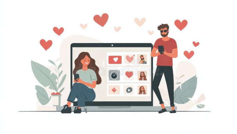 Conexiune romantică digitală și datare virtuală într-o ilustrație modernă stock illustration