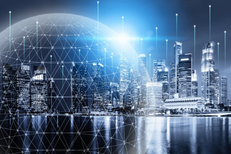 Conexión de red de tecnología e inteligencia comunicación de ciudad inteligente 5g red para negocios globales futuristas. grande d imágenes de archivo libres de regalías