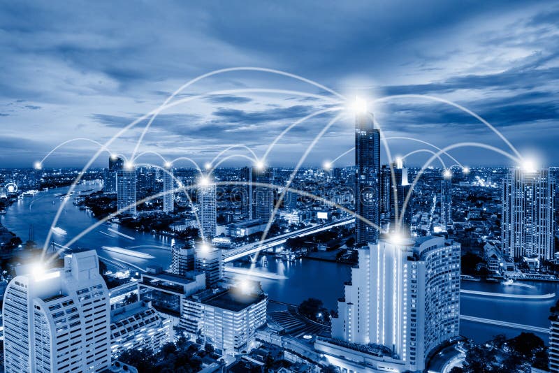 Conexión de red de tecnología e inteligencia comunicación de ciudad inteligente 5g red para negocios globales futuristas. grande d fotografía de archivo