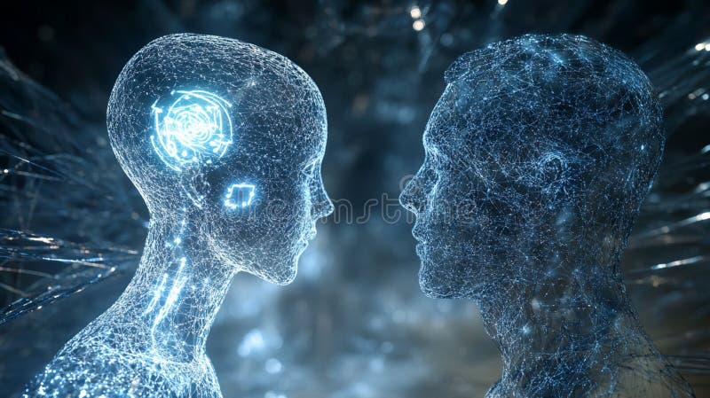 Conexión Humana Digital Futurista En Red AI Mentes Digital Art 3D Líneas de luz de malla azul stock de ilustración