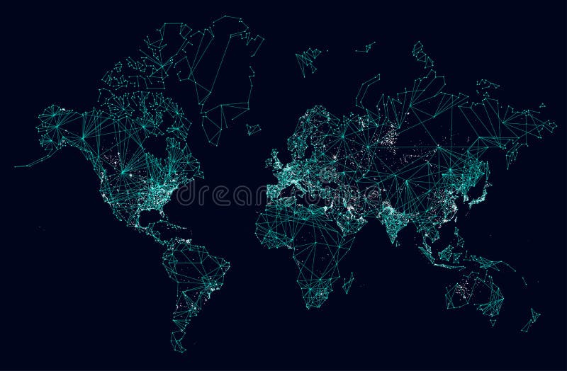 Conexión a internet abstracta del mapa del mundo, comunicaciones urbanas ligeras stock de ilustración Conexión a internet abstracta del mapa del mundo, comunicaciones urbanas ligeras stock de ilustración