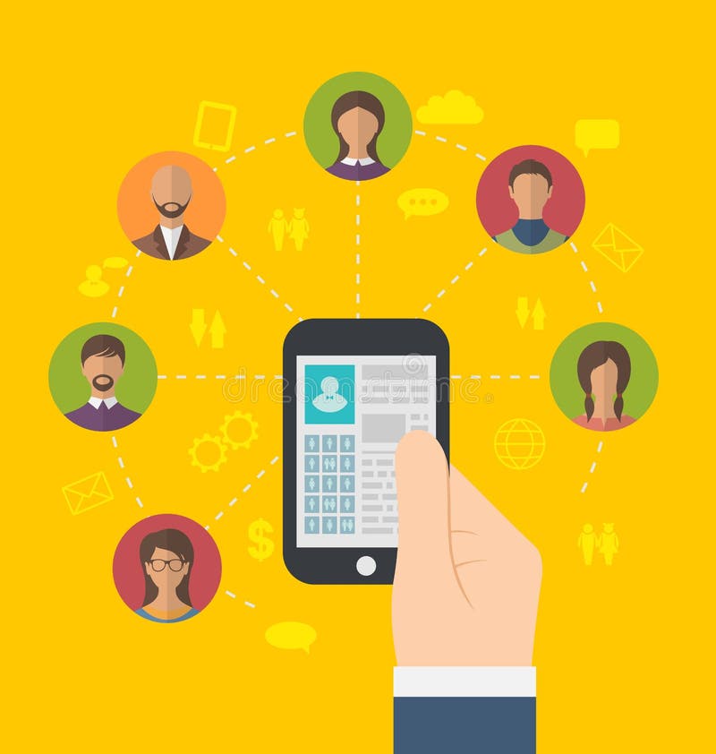 Conexión social con la página del perfil en iconos del teléfono y de los usuarios stock de ilustración Conexión social con la página del perfil en iconos del teléfono y de los usuarios stock de ilustración