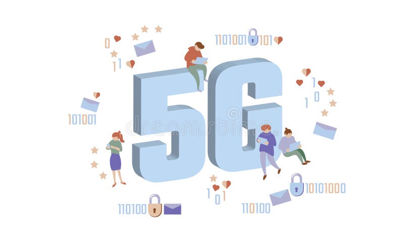 conexão sem fio nova do wifi do Internet 5G Letras grandes do símbolo dos povos pequenos grandes Azul isométrico 3d do dispositiv ilustração stock conexão sem fio nova do wifi do Internet 5G Letras grandes do símbolo dos povos pequenos grandes Azul isométrico 3d do dispositiv ilustração stock