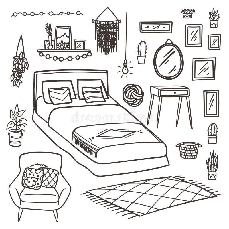 Confección De Habitaciones O Remodelación De Ideas Conjunto De Doodles  Diseño Interior Rústico Minimalista Ilustración del Vector - Ilustración de  dormitorio, historieta: 159758165