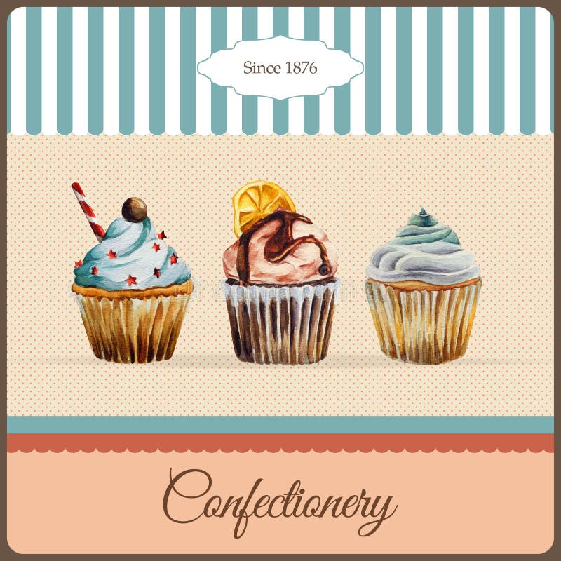 Confectionery advertisement template with watercolor cupcakes illustration and typographic in retro style. Confectionery advertisement template with watercolor cupcakes illustration and typographic in retro style