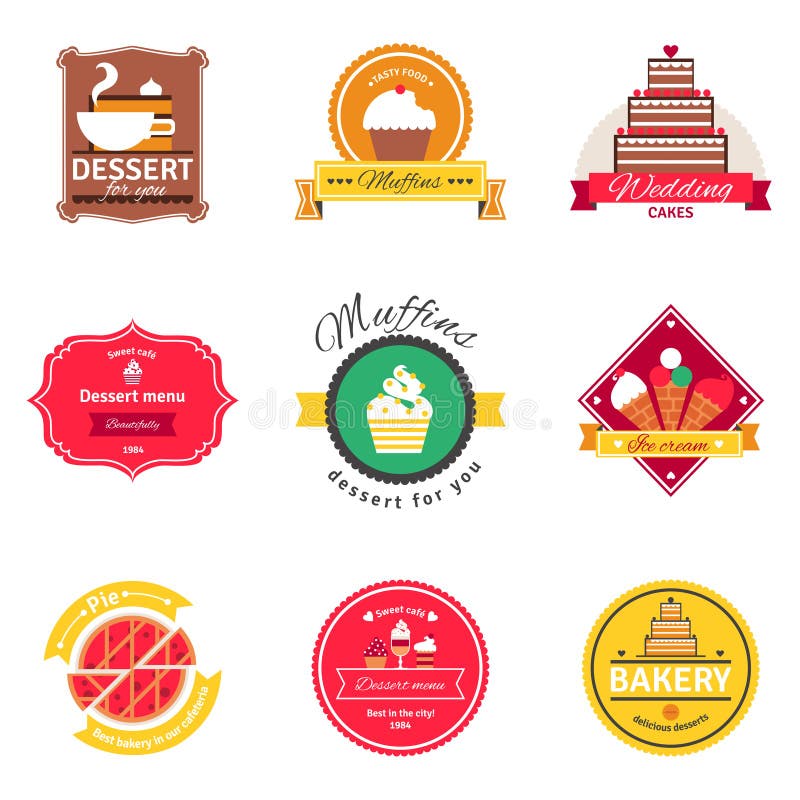 Confectionery cafe and bakery emblems with text and signs flat labels set vector illustration. Confectionery cafe and bakery emblems with text and signs flat labels set vector illustration