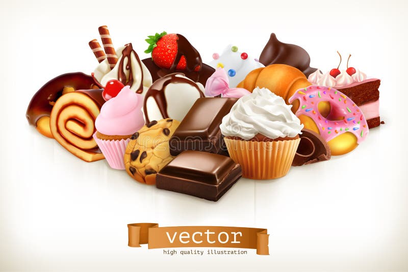 Confectionery. Chocolate, cakes, cupcakes and donuts. 3d vector illustration