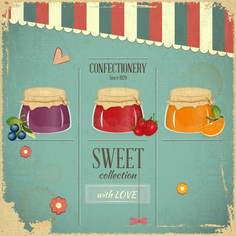 Confectionery Menu Card in Retro style - Jam marmalade Dessert on Vintage Background - illustration. Confectionery Menu Card in Retro style - Jam marmalade Dessert on Vintage Background - illustration