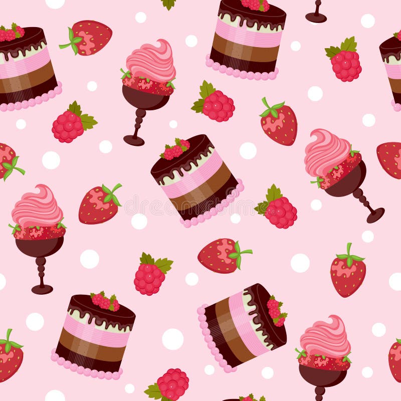 Confectionery seamless pattern. Beautiful cake, strawberries with cream, strawberries and raspberries around, on pink background
