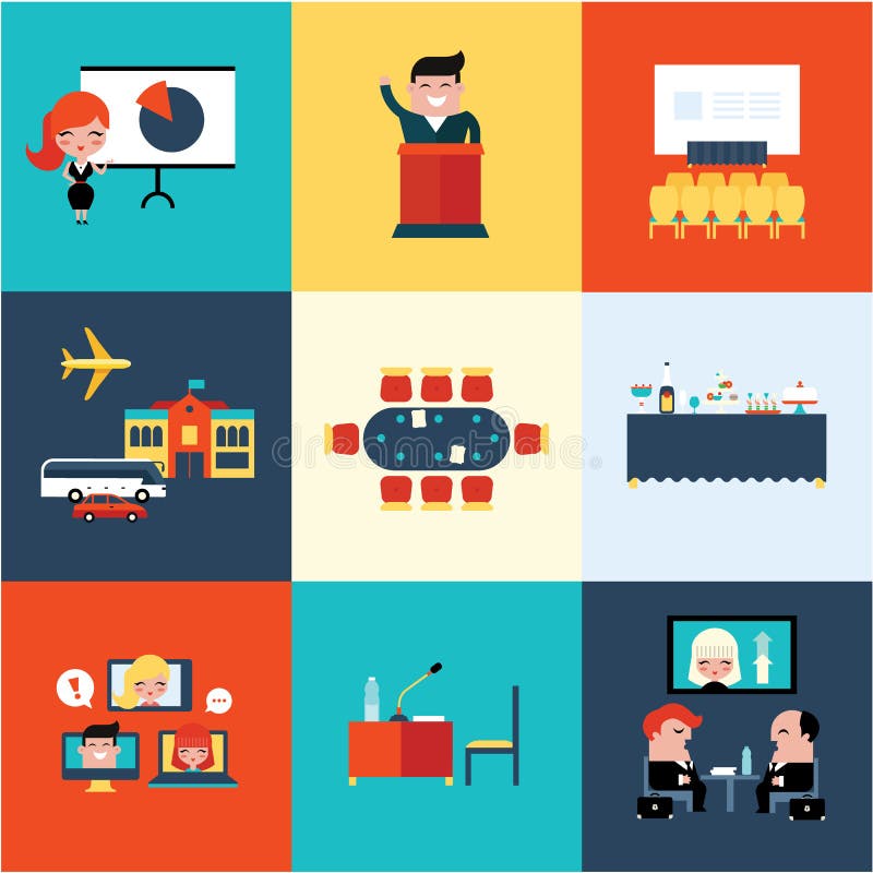 Conference icons vector illustration set flat cute design