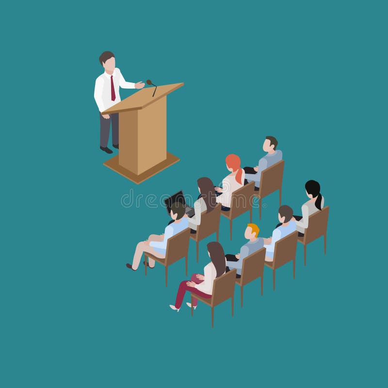 Business conference man speach education training isometric vector illustration. Conference podium vectors