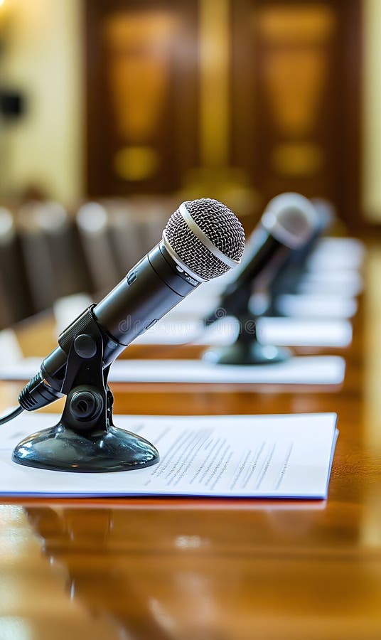 conference-room-microphone-setup-with-documents-and-chairs-stock