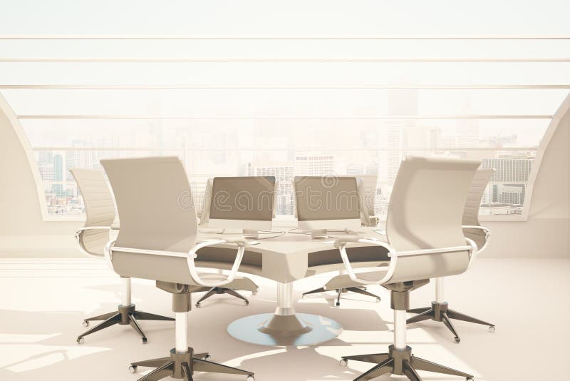 Conference table. Abstract mirror reflected conference table with blank computer screen in the middle of concrete room with panoramic city view. Mock up, 3D vector illustration Conference table. Abstract mirror reflected conference table with blank computer screen in the middle of concrete room with panoramic city view. Mock up, 3D vector illustration