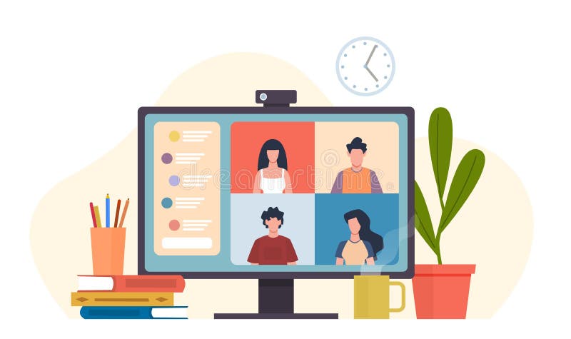 Conferințe video. computer desktop pentru întâlniri virtuale cu colegii din echipă sau cu prietenii din rețea care îndeplinesc sof royalty free illustration