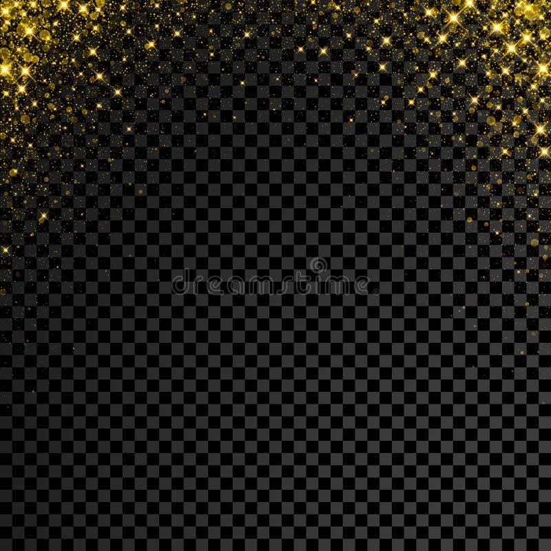 Gold glitter confetti on transparent background. Vector star sparkle rain with glowing shine splatter explosion texture on black background. Gold glitter confetti on transparent background. Vector star sparkle rain with glowing shine splatter explosion texture on black background
