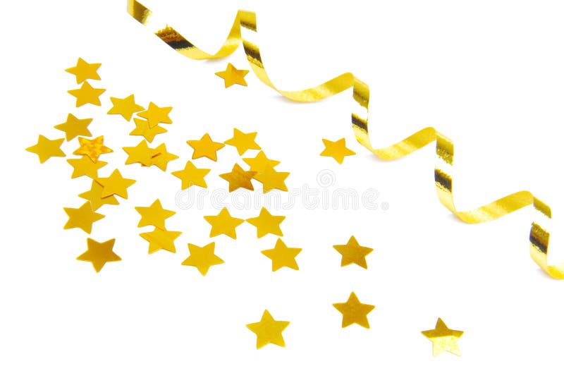 Golden confetti and ribbon isolated on white. Golden confetti and ribbon isolated on white