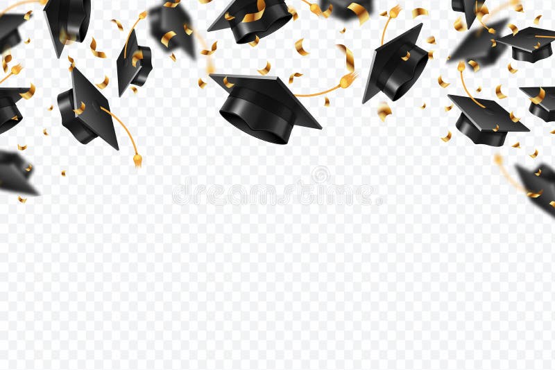 Confeti de los casquillos de la graduación Sombreros de los estudiantes que vuelan con las cintas de oro aisladas Universidad, ve Confeti de los casquillos de la graduación Sombreros de los estudiantes que vuelan con las cintas de oro aisladas Universidad, ve