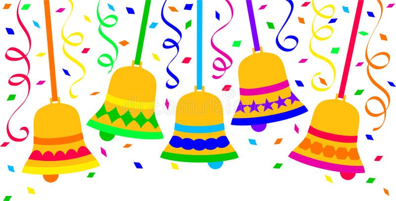 Brightly colored illustration of confetti and ringing bells... possible Christmas, New Year, birthday party, cinco de mayo or fiesta. Fiesta clip art vectors